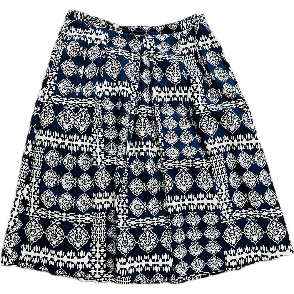Ganesh 100% Linen Navy Blue Geometric Print Midi Skirt Natural Boho Pockets